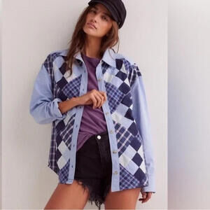 Free People We The Free Argyle Plaid Shirt Blue patchwork oversized M $198 msrp